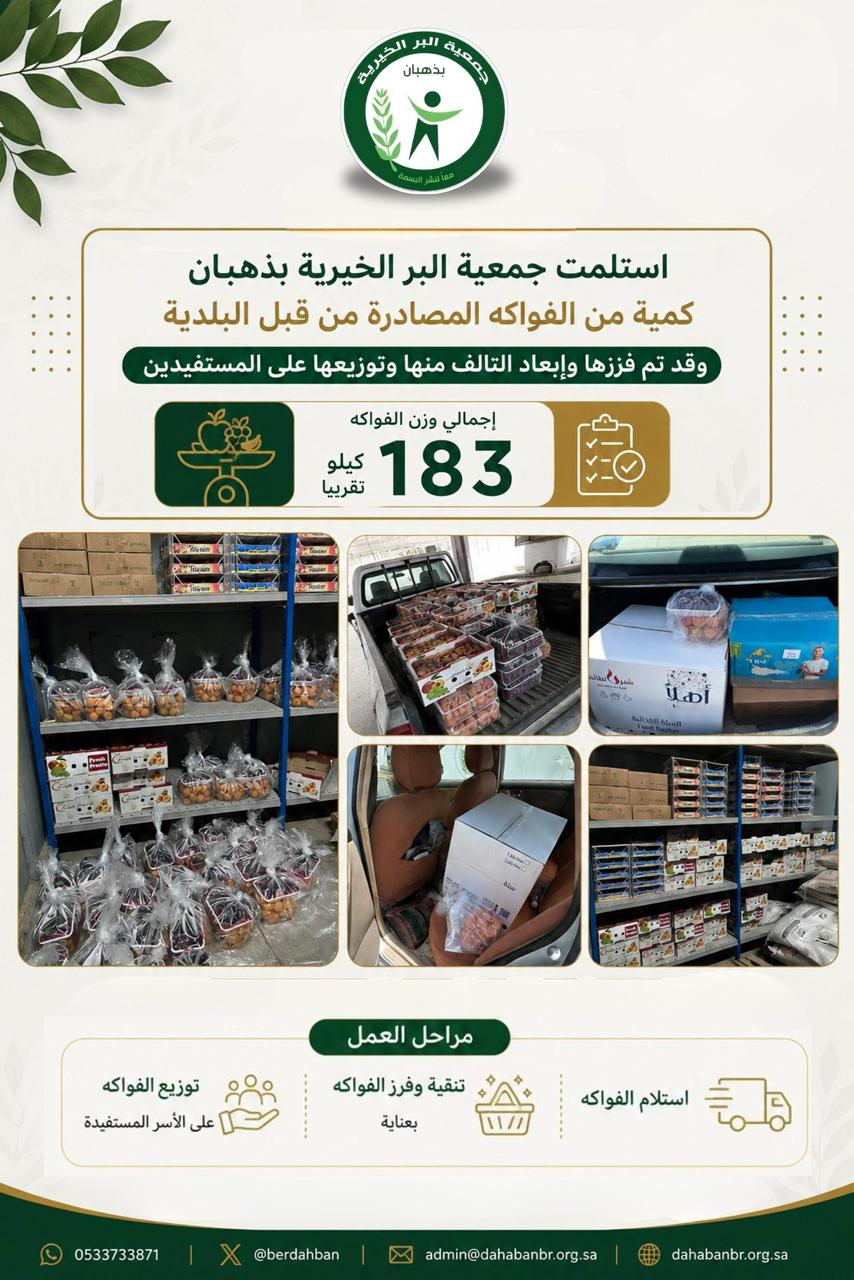 استلمت جمعية البر الخيرية بذهبان كمية من الفواكه المصادرة من قبل البلدية