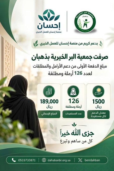 بحمد الله، تعلن جمعية البر الخيرية بذهبان عن صرف الدفعة الأولى من دعم الأرامل والمطلقات، بدعم كريم من منصة إحسان